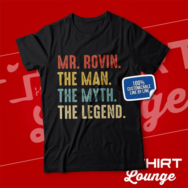 Male teacher gift shirt that says, "Mr. Brown. The Man. The Myth. The Legend."