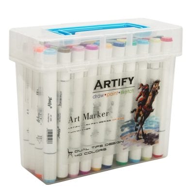 Artify markers in a plastic tub
