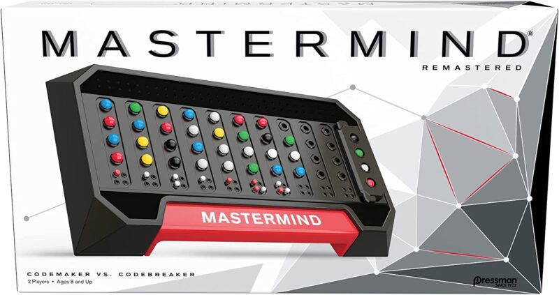 A black game board with round holes and different colored pegs in it is shown. The box says Mastermind (educational board games)