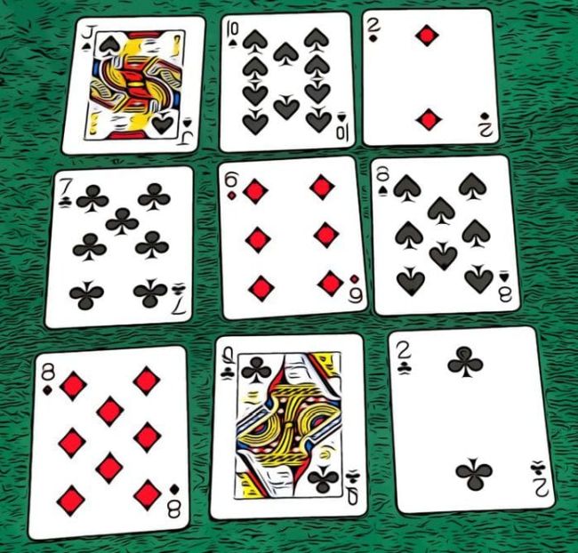 Three rows of three playing cards each, laid out face up (Math Card Games)