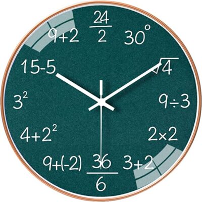 Clock with simple equations instead of hour and minute numbers for students to practice math