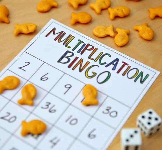 Worksheet labeled Multiplication Bingo with a pair of dice and goldfish crackers (Math Facts Practice)