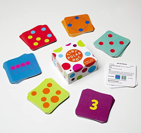 Box cover and sample cards for the Math for Love Tiny Polka Dot Game with various dot configurations and numbers for children to match as an example of best preschool card games and board games for the classroom