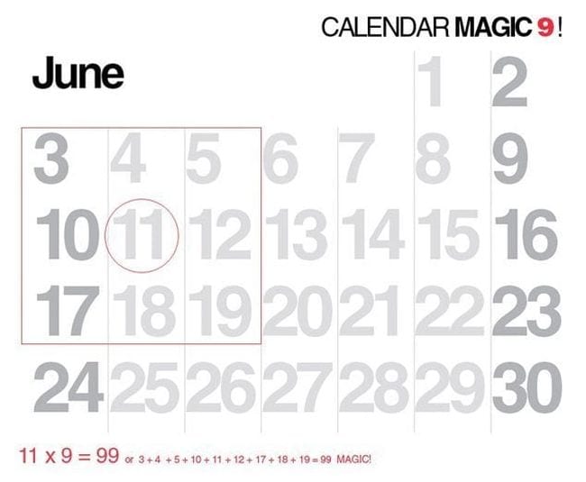 June calendar with a set of nine dates outlined to form a square (Math Puzzles)