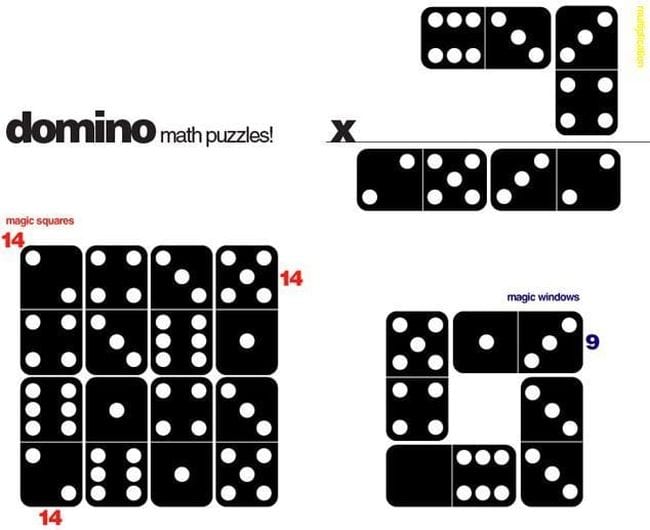 Dominos arranged in a series of math puzzles and patterns