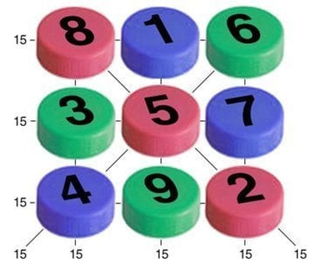 Şişe kapaklarından yapılmış, üç sayının her satırının her yönden aynı toplamı yaptığı sihirli bir matematik karesi (Matematik Bulmacaları)