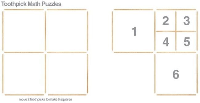 4 kareye yerleştirilmiş 12 kürdan, daha sonra 6 kare eşit olmayan büyüklükte matematik numaraları yapmak için yeniden düzenlendi 