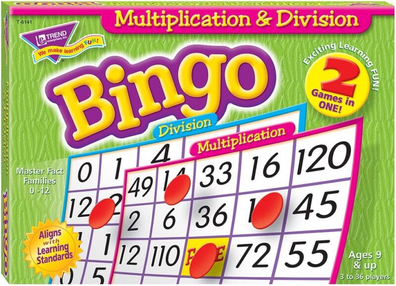 A few bingo cards with numbers on them and tokens on some of the spots are featured on a game box that says Bingo in large letters.