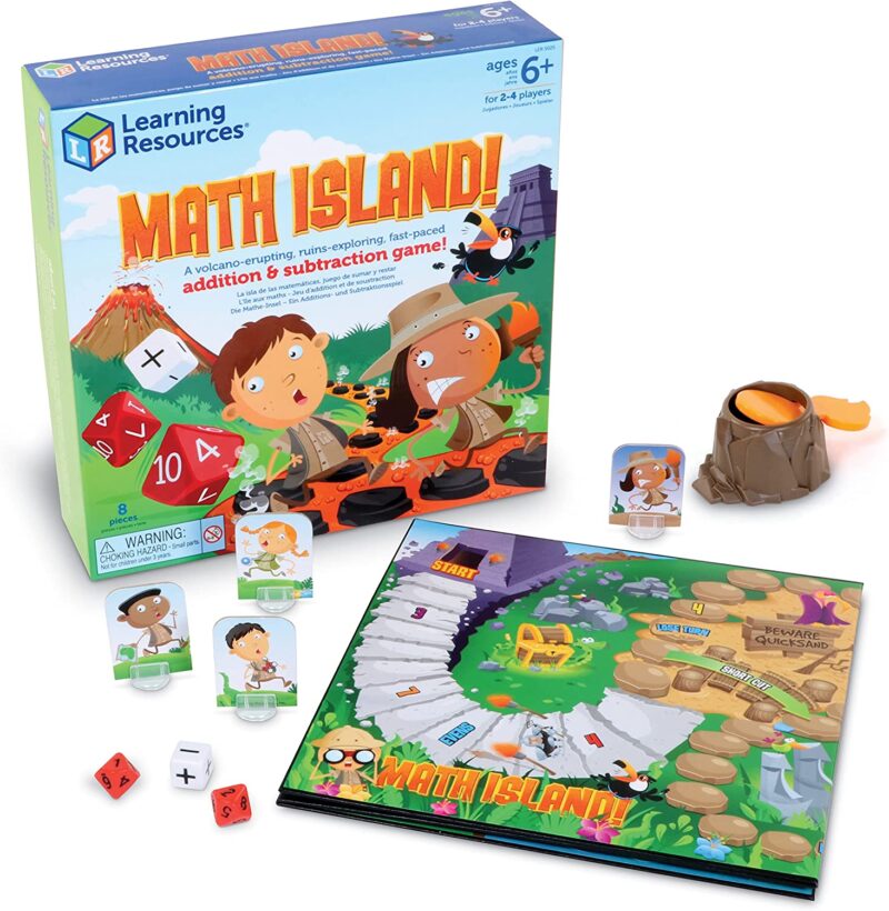 A box has two cartoon children on it making shocked faces and the box says Math Island. A playing board is also shown. (educational board games)