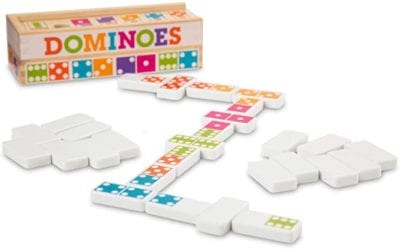 Game box and colorful dot dominoes laid out in a matching configuration