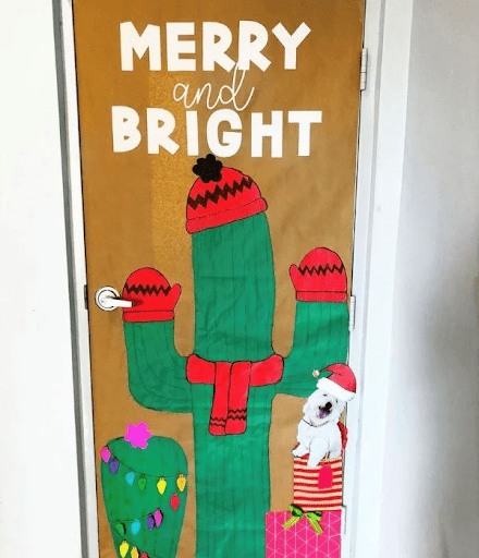 Door with decor of a cactus and words "Merry and Bright"- holiday classroom doors