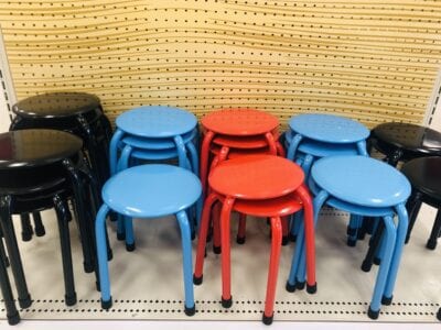 Black, blue, and red metal kids stools at Target