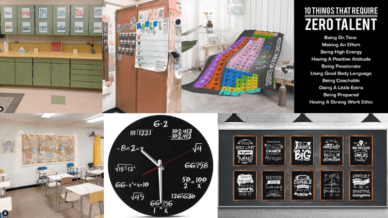 Collage of middle school classroom decor including a clock, periodic table blanket, posters, and more.