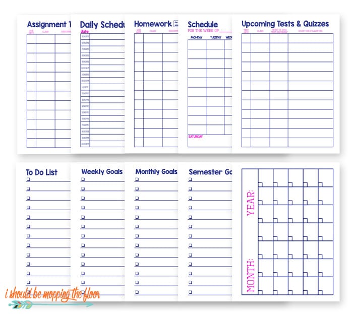 Sample of pages for a middle school organizer