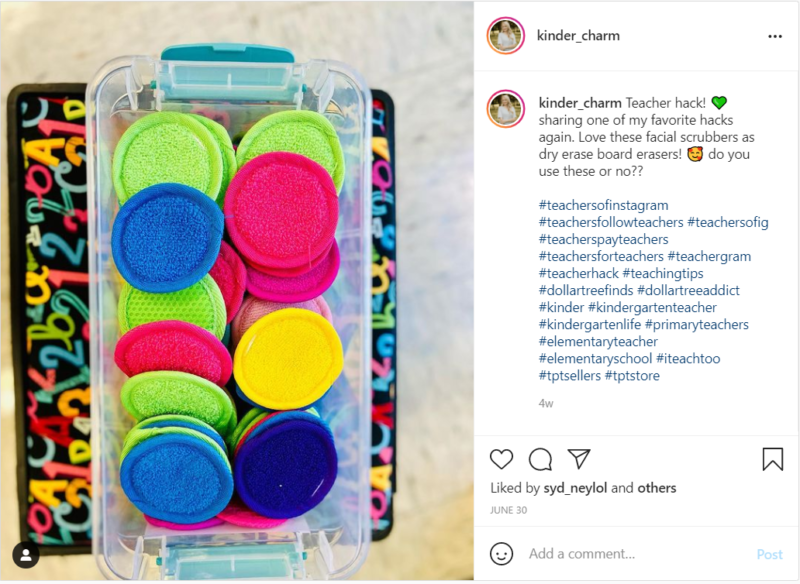 Facial scrubbers used as dry erase board erasers in classroom