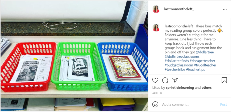 Colorful storage bins used for classroom reading supplies