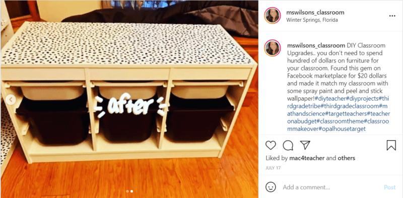 Ikea storage bench transformed for classroom with spray paint and wallpaper