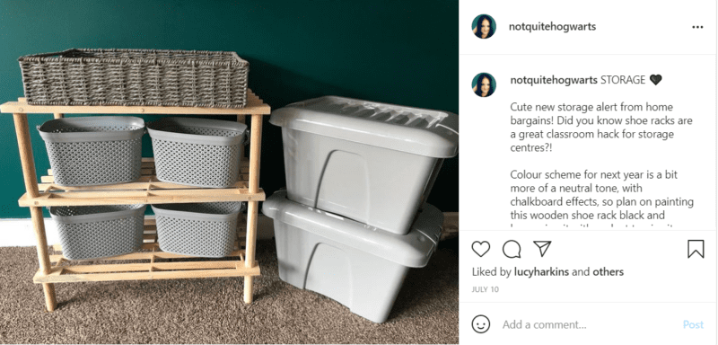 Classroom shelving unit made from wooden shoe rack