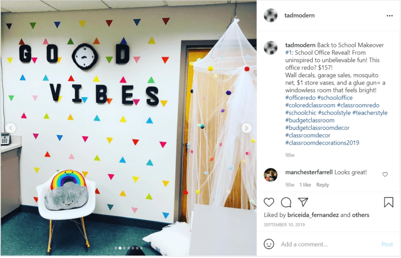 Transformed school officer with colorful wallpaper and "Good Vibes" on wall