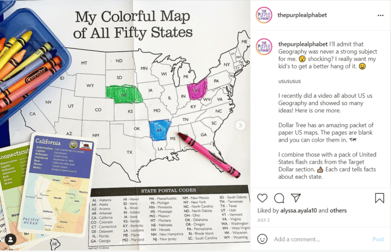 Paper US map for classroom geography lesson