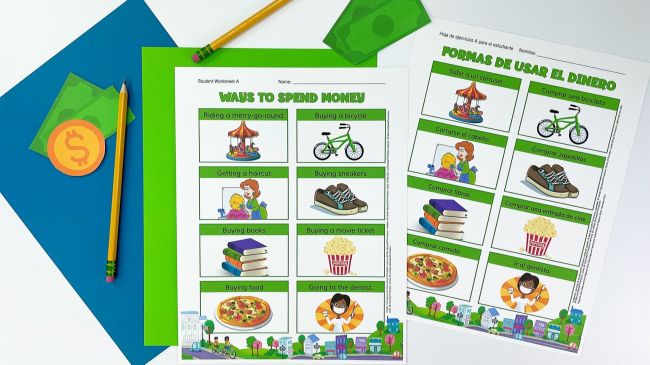 Printable worksheets in English and Spanish showing ways to spend money
