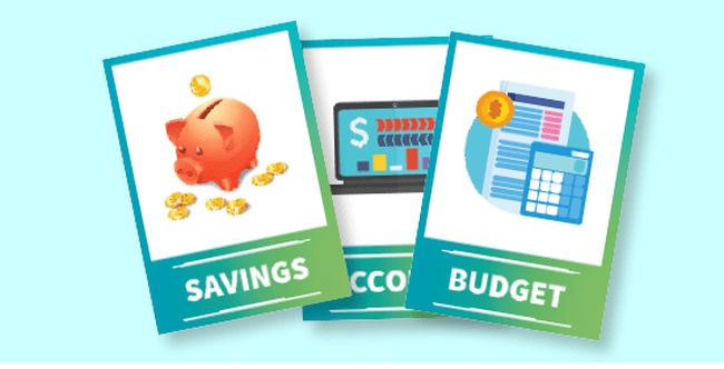 Flashcards with words and pictures for budget and savings