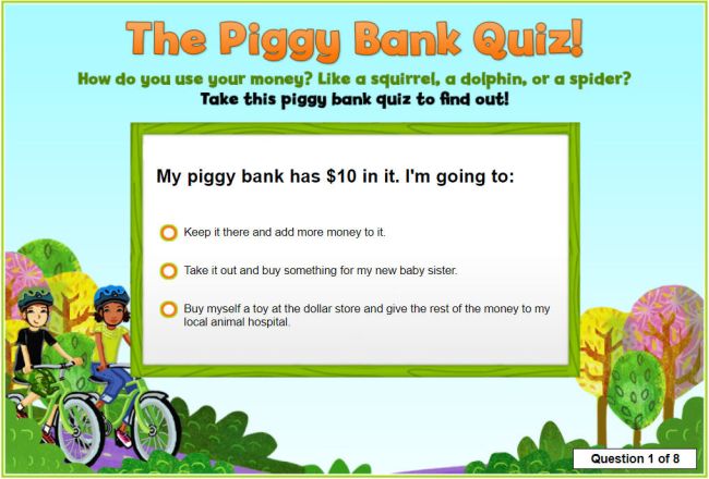 Screenshot from online interactive Piggy Bank Quiz (Money Skills)