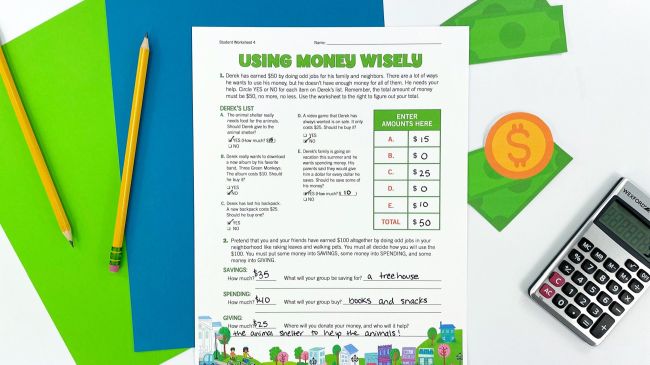 Printable activity to teach kids about spending, saving, and giving (Money Skills)
