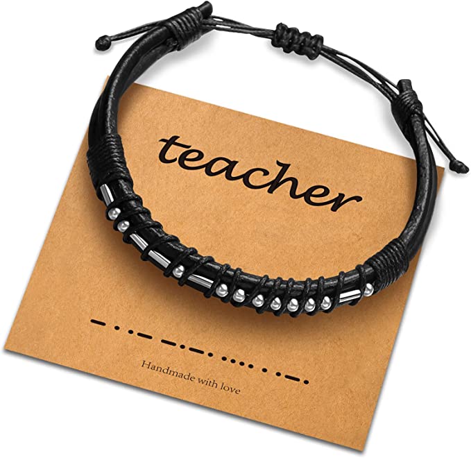 Black bracelet with silver beads that spell "teacher" in Morse code, as an example of best male teacher gifts.
