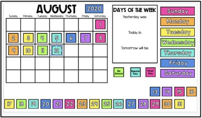 Digital calendar with drag-and-drop numbered days and a list of the days of the week (Morning Meeting Activities)