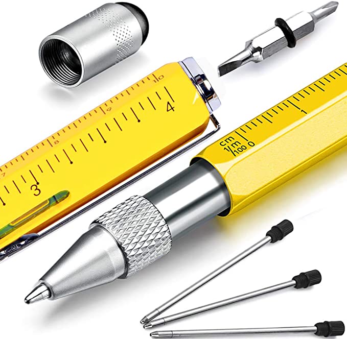 Multitool pen that looks like a yellow ruler, as an example of male teacher gifts.
