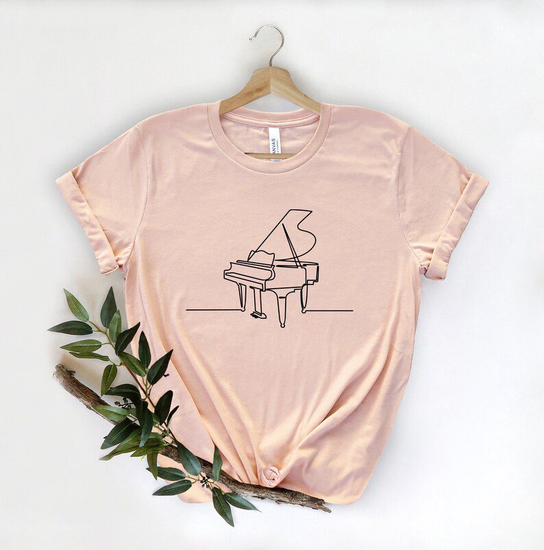 Minimalist piano shirt, as an example of music teacher gifts