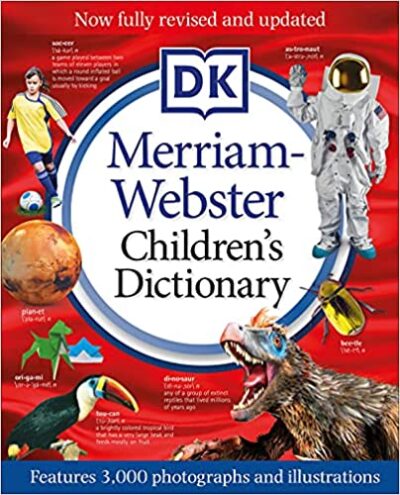 A red dictionary cover has a white circle in the middle that says Merriam-Webster's Children's Dictionary. It has objects and people on the perimeter like an astronaut, a soccer player, and birds.