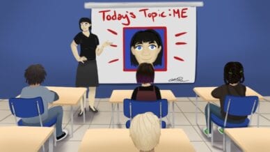 Teacher in front of white board with text "Today's Topic: ME!"