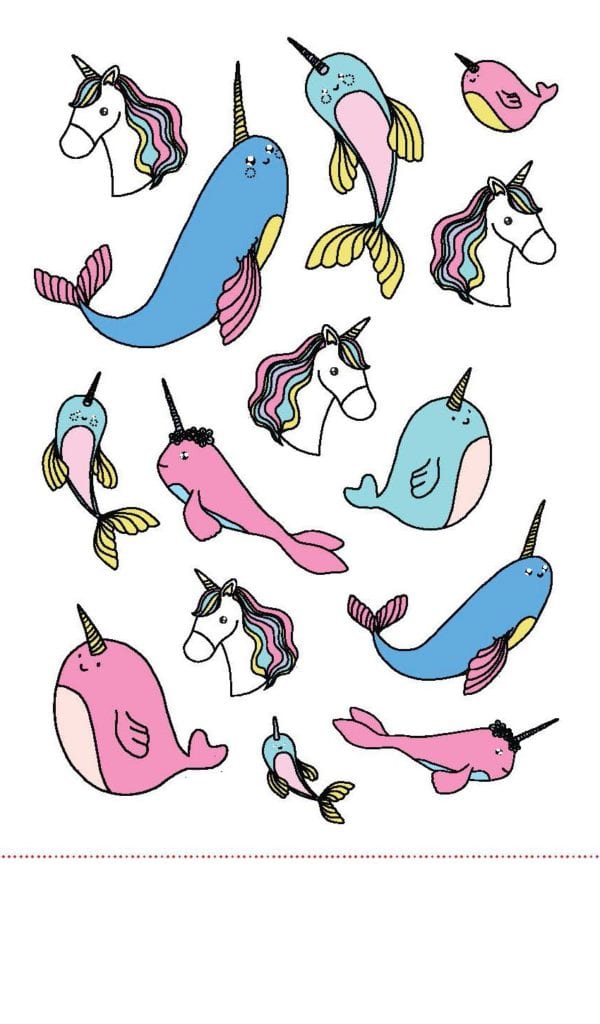 Stickers of colorful narwhals and unicorns.