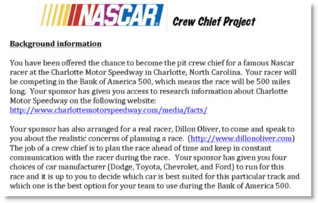 중학생을 위한 NASCAR Crew Chief STEM 프로젝트의 목표를 설명하는 텍스트