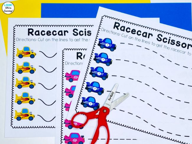 Scissors skills worksheets with a racecar theme