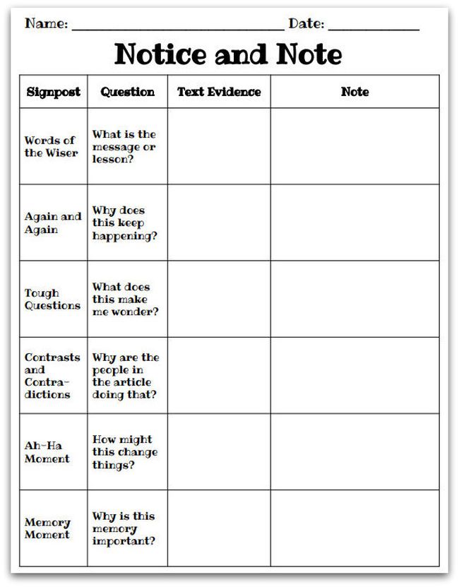Notice and Note printable worksheet for close reading