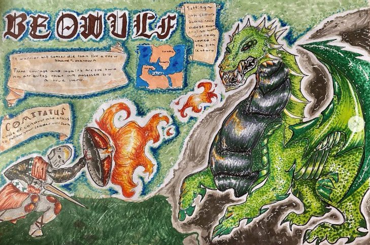 Beowulf one-pager with illustration of man fighting a dragon (One-Pager Examples)