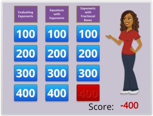 Screenshot from Exponent Jeopardy online math game