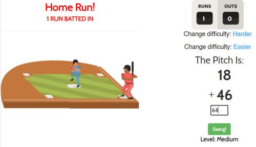 Screenshot from Math Baseball online interactive math games
