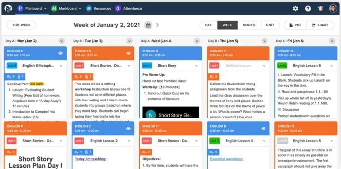 Screenshot of Planboard, showing daily lesson plans in various colors