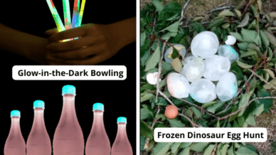 Clever outdoor games for kids, including glow-in-the-dark bowling and frozen dinosaur egg hunt