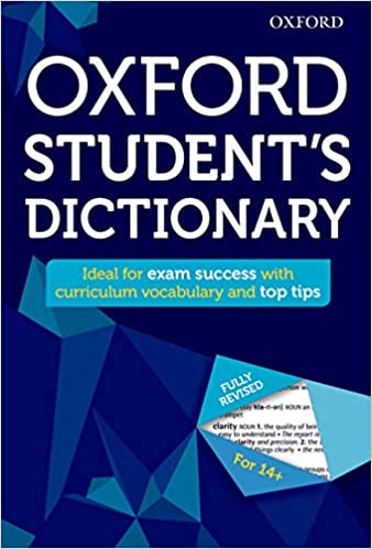 A dark blue dictionary has large white writing that reads Oxford Student's Dictionary.  Ideal for exam success with curriculum vocabulary and top tips.  (dictionaries for kids)