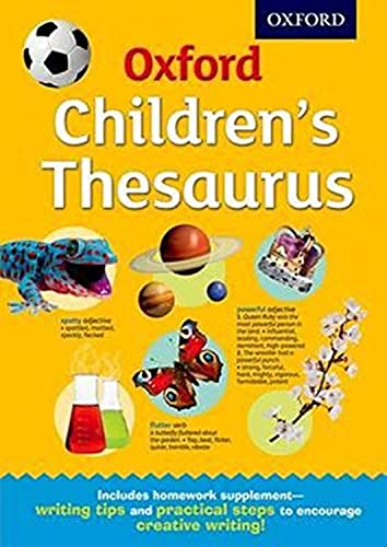 A yellow book cover says Oxford Children's Thesaurus. It features a number of photos of things like planets, butterflies, and reptiles (thesaurus for kids)