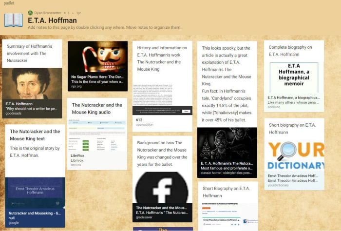 Padlet showing facts and links about E.T.A. Hoffman and The Nutcracker (Padlet for Teachers)