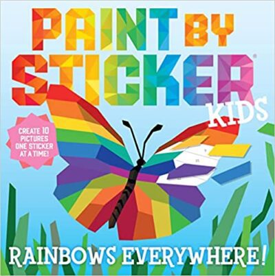 A book says Paint by Sticker in rainbow colors. A butterfly is made up of different colored rainbow stickers.
