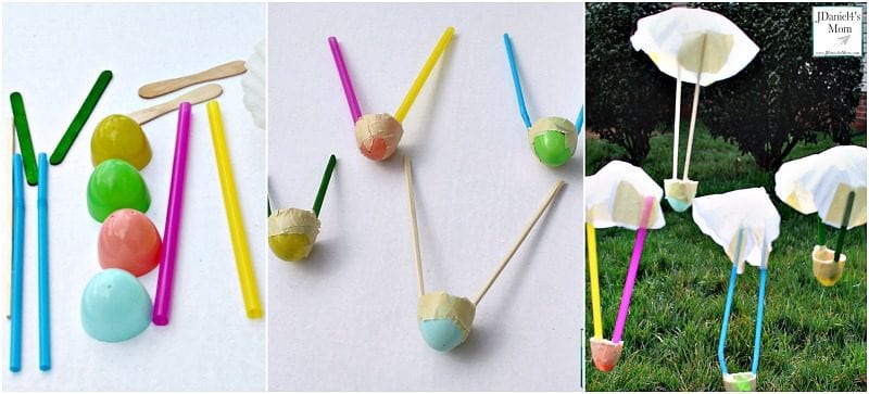 Visual instructions for creating a DIY parachute using straws, plastic eggs and popsicle sticks,