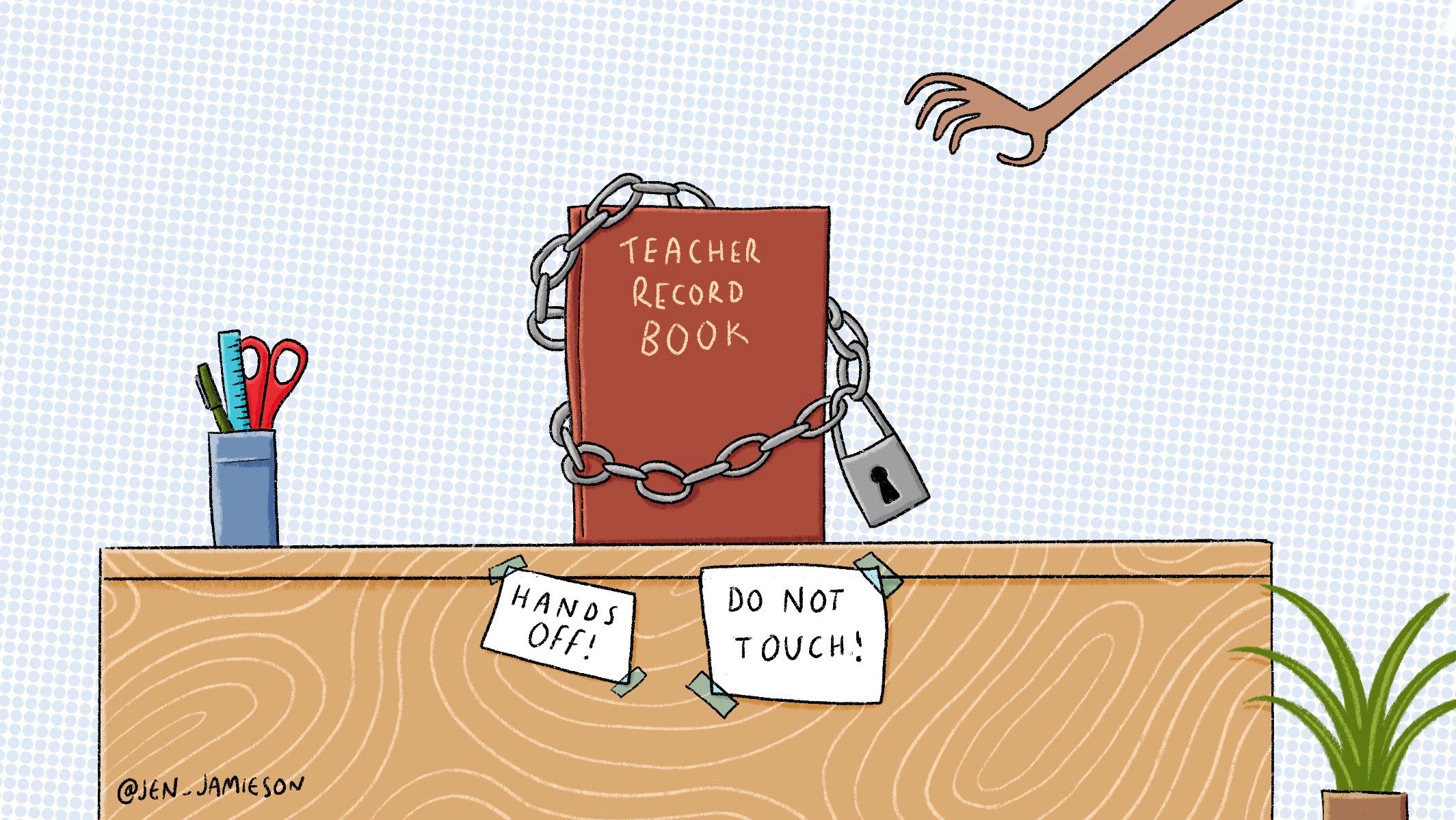 Illustration of a chained up gradebook on a desk with a hand reaching toward it