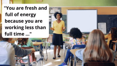 Black teacher standing in front of student in classroom with quote about how to find part-time teaching jobs: "You are fresh and full of energy because you are working less than full-time."